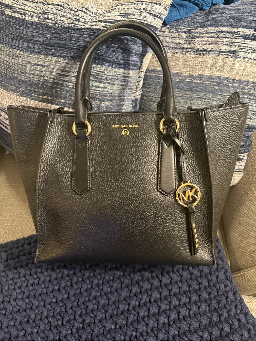 Michael Kors Black Kris Large Pebbled Leather Satchel with Gold MK Charm
